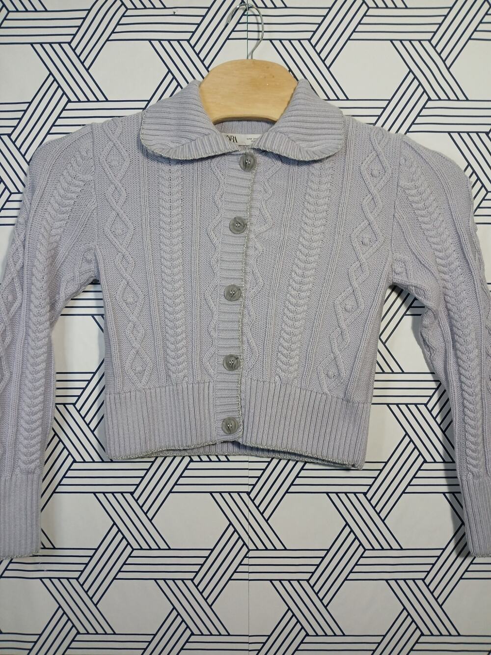 Zara Cropped Cable Knit Cardigan Button Front Ribbed Collar Purple Cottagecore
